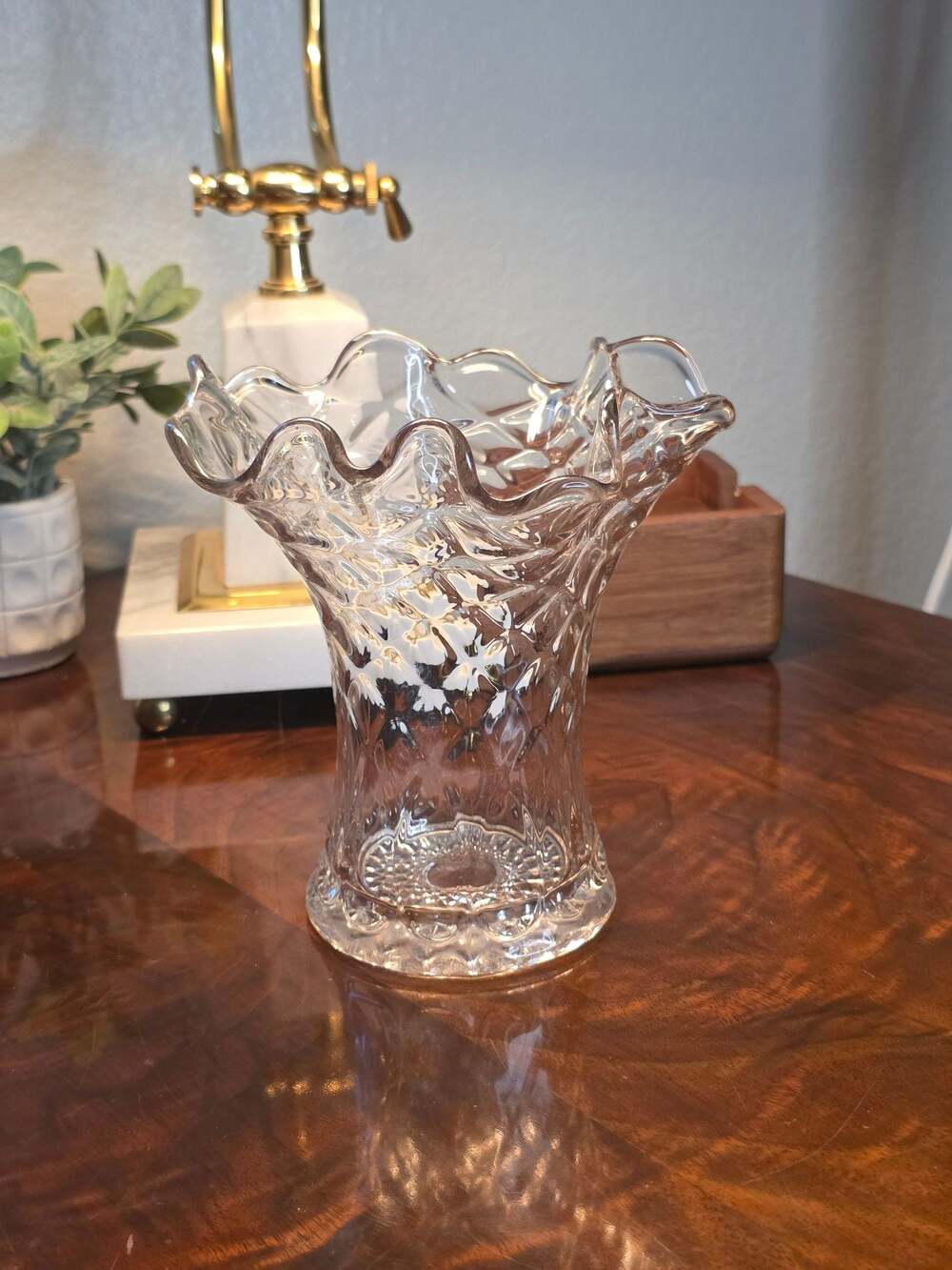 Antique Jefferson Glass Clear Pressed Glass Diamond and Thumbprint Ruffled Vase